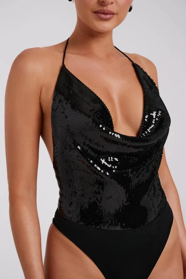 Women Meshki Dresses Nathalie Sequin Cowl Bodysuit 8211 Black