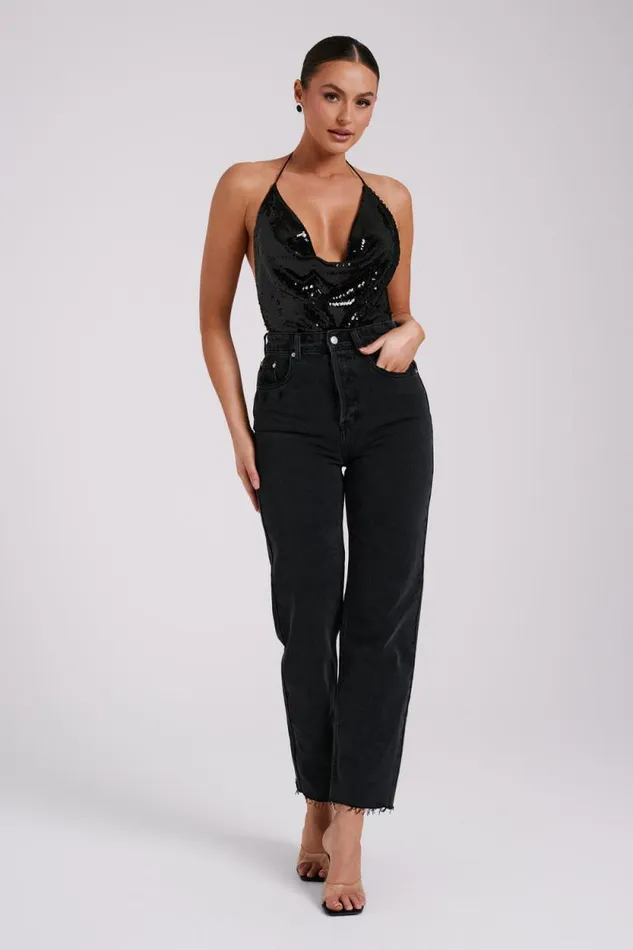Women Meshki Dresses Nathalie Sequin Cowl Bodysuit 8211 Black