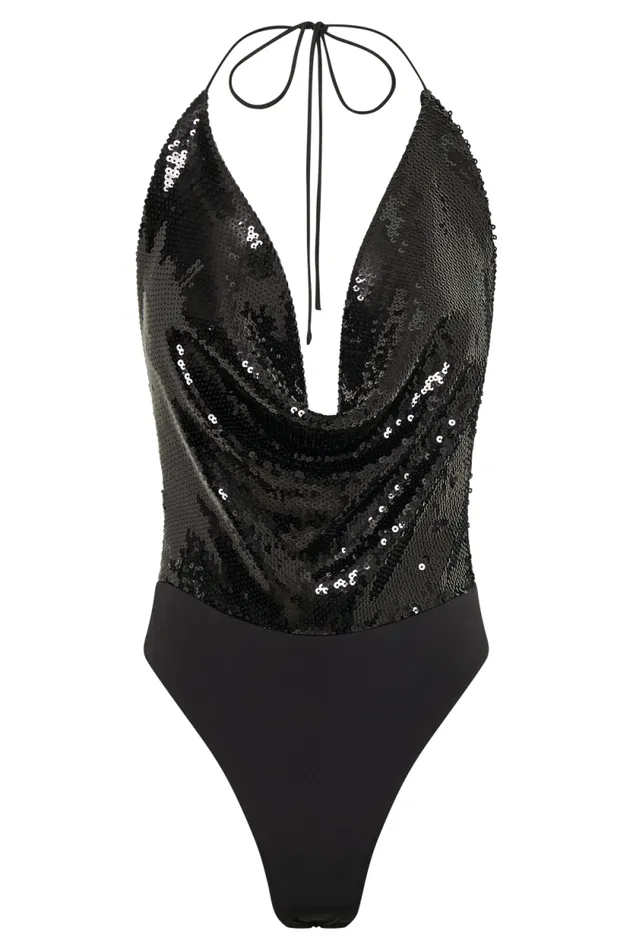 Women Meshki Dresses Nathalie Sequin Cowl Bodysuit 8211 Black