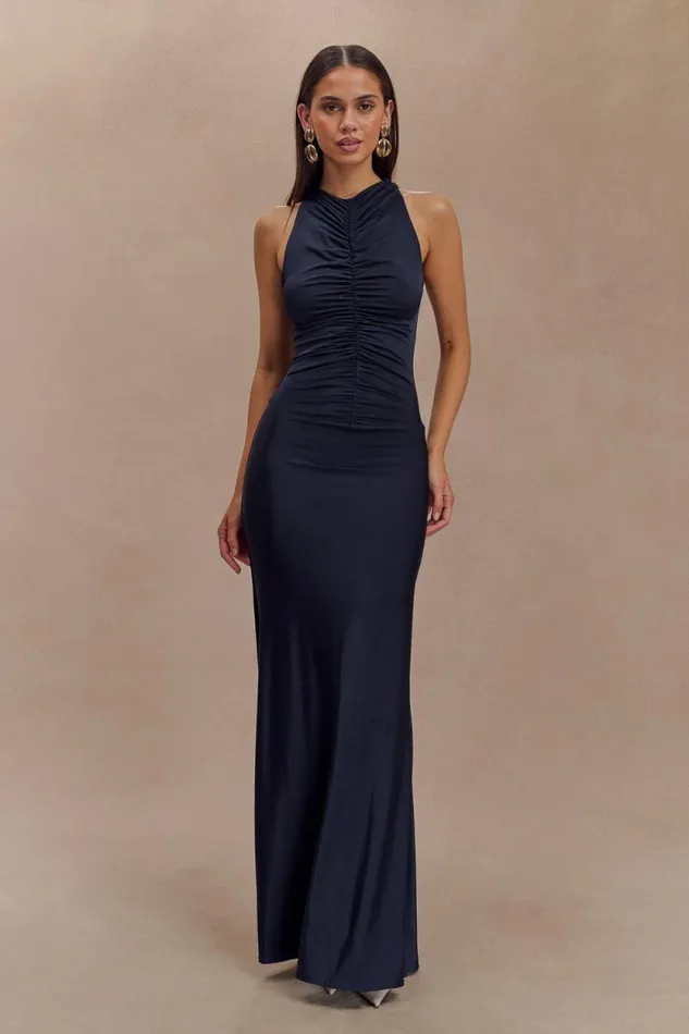 Women Meshki Dresses Priya Slinky Ruched Halter Maxi Dress 8211 Navy