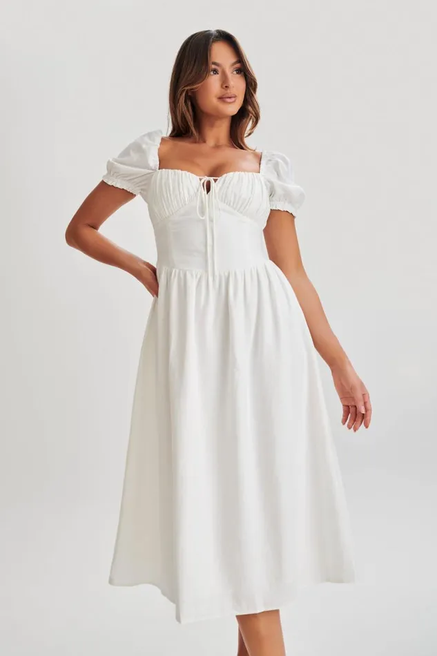 Women Meshki Dresses Rosalind Puff Sleeve Midi Dress 8211 White