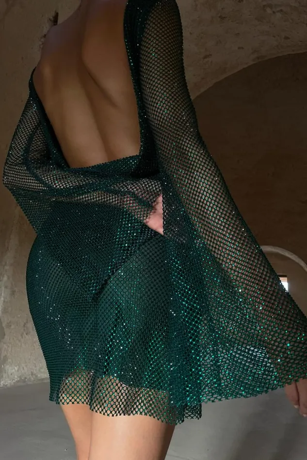 Women Meshki Dresses Samira Flare Sleeve Diamante Mesh Mini Dress 8211 Emerald