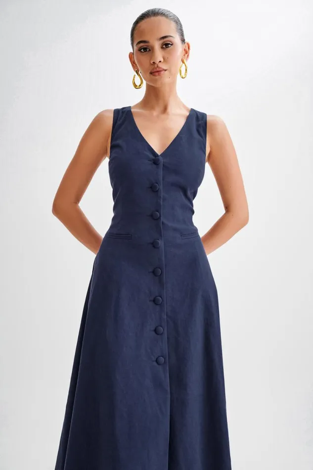 Women Meshki Dresses Theodora Cotton Buttoned Midi Dress 8211 Navy
