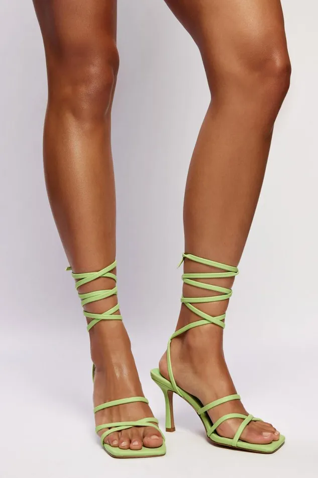 Women Meshki Shoes Milly Faux Leather Wrap Around Heels 8211 Lime Green
