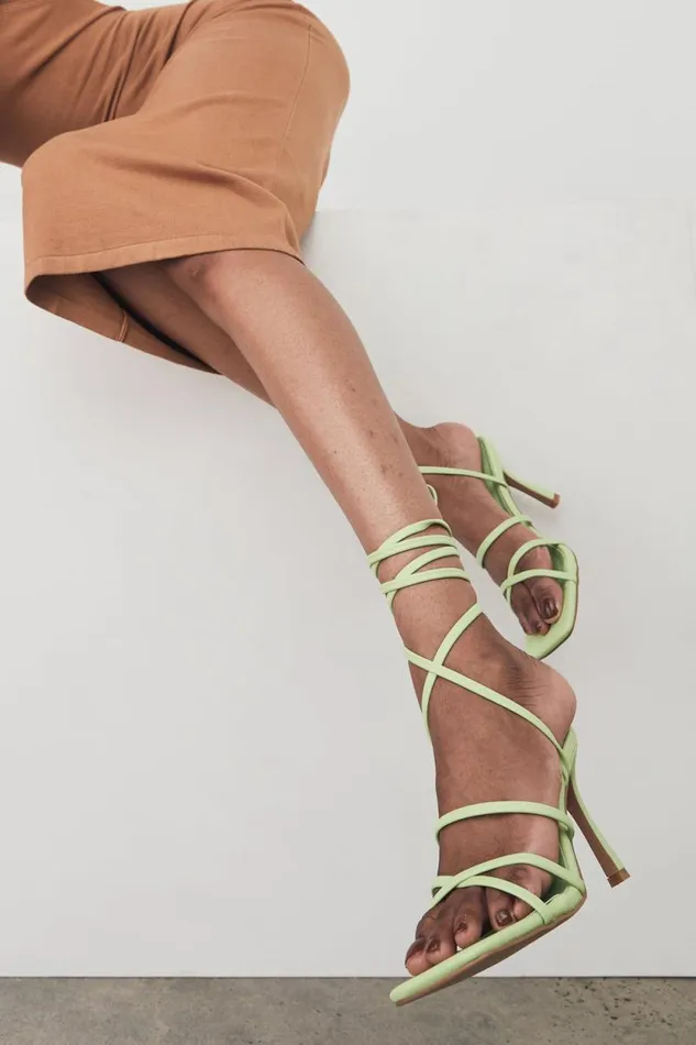 Women Meshki Shoes Milly Faux Leather Wrap Around Heels 8211 Lime Green