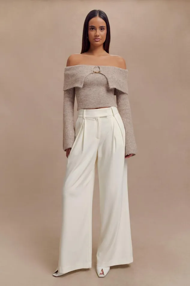 Women Meshki Tops Baxter Off Shoulder Fluffy Knit Top 8211 Taupe