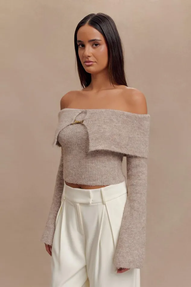Women Meshki Tops Baxter Off Shoulder Fluffy Knit Top 8211 Taupe