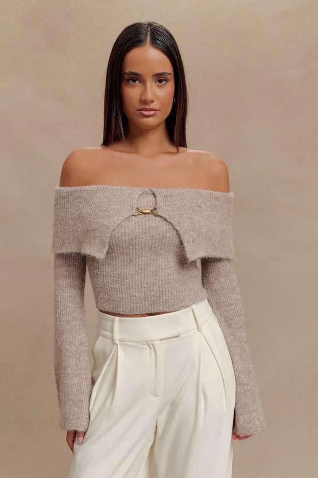 Women Meshki Tops Baxter Off Shoulder Fluffy Knit Top 8211 Taupe