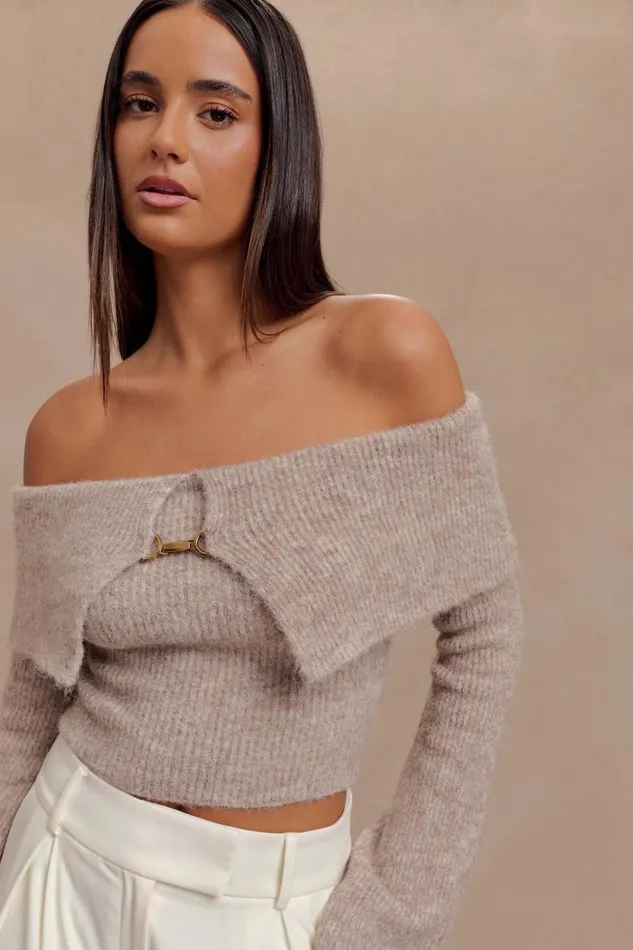 Women Meshki Tops Baxter Off Shoulder Fluffy Knit Top 8211 Taupe