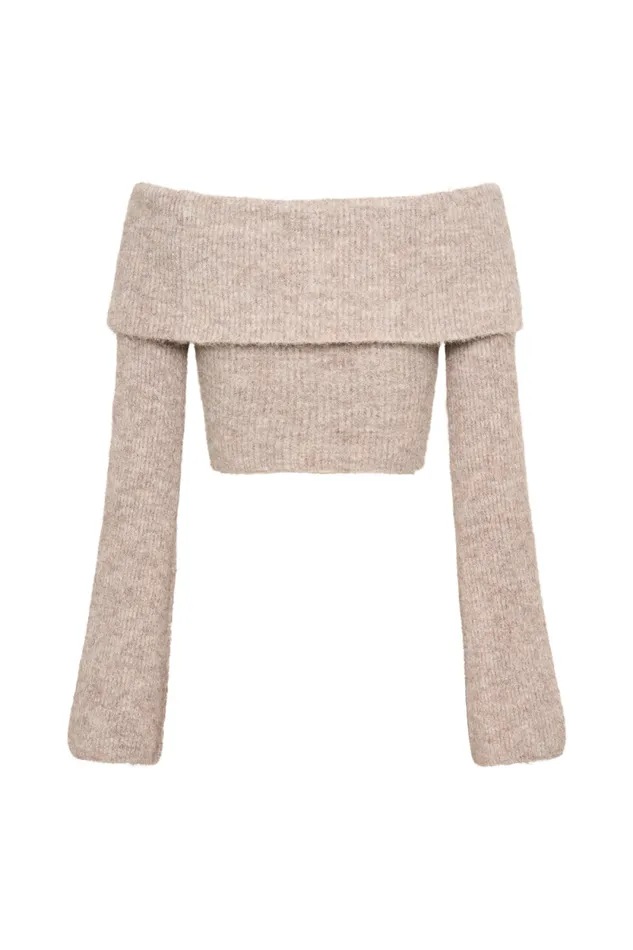 Women Meshki Tops Baxter Off Shoulder Fluffy Knit Top 8211 Taupe
