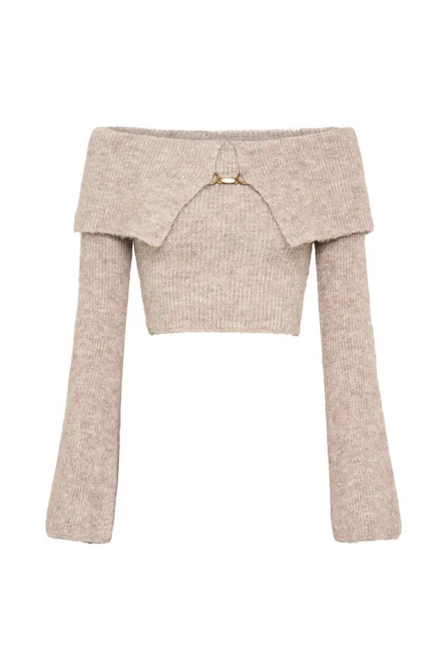 Women Meshki Tops Baxter Off Shoulder Fluffy Knit Top 8211 Taupe