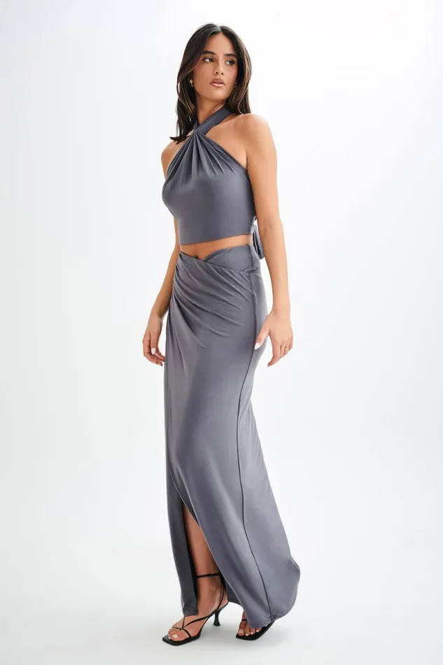 Women Meshki Tops Bronwyn Slinky Halter Crop Top 8211 Charcoal