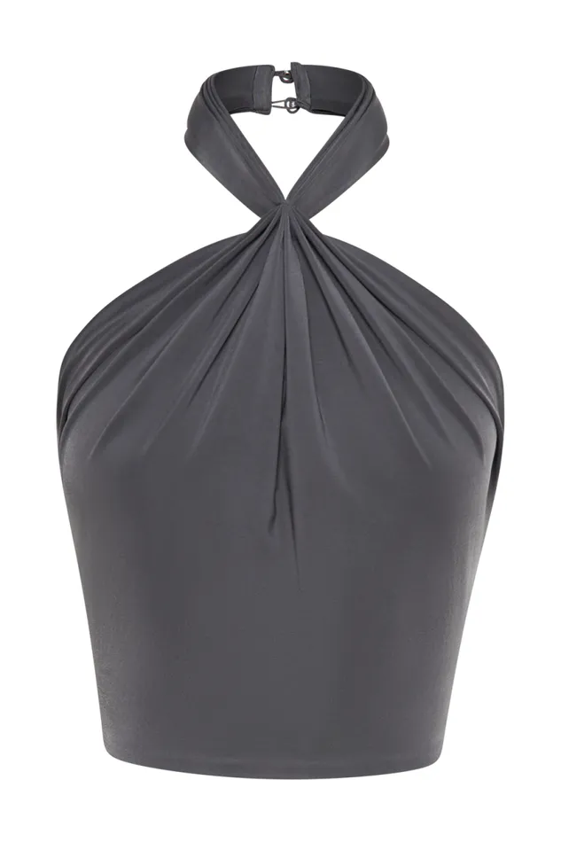 Women Meshki Tops Bronwyn Slinky Halter Crop Top 8211 Charcoal