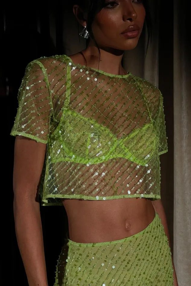 Women Meshki Tops Brynne Sequin Short Sleeve Top 8211 Parakeet Green