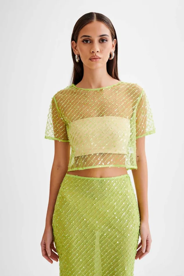 Women Meshki Tops Brynne Sequin Short Sleeve Top 8211 Parakeet Green
