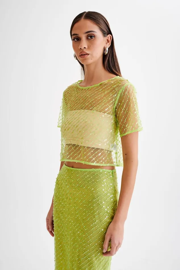 Women Meshki Tops Brynne Sequin Short Sleeve Top 8211 Parakeet Green