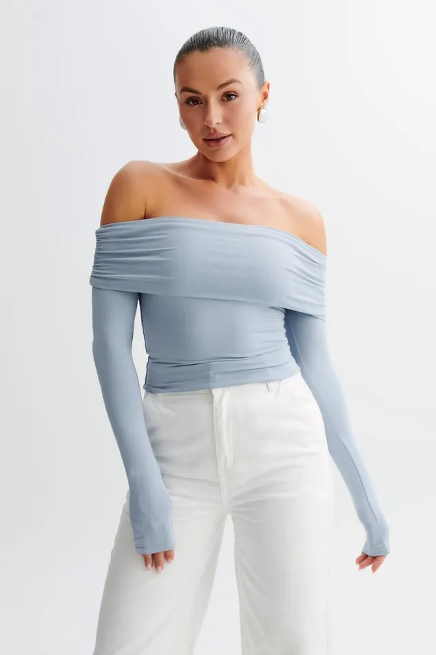 Women Meshki Tops Lucinda Recycled Nylon Off Shoulder Top 8211 Dusty Blue