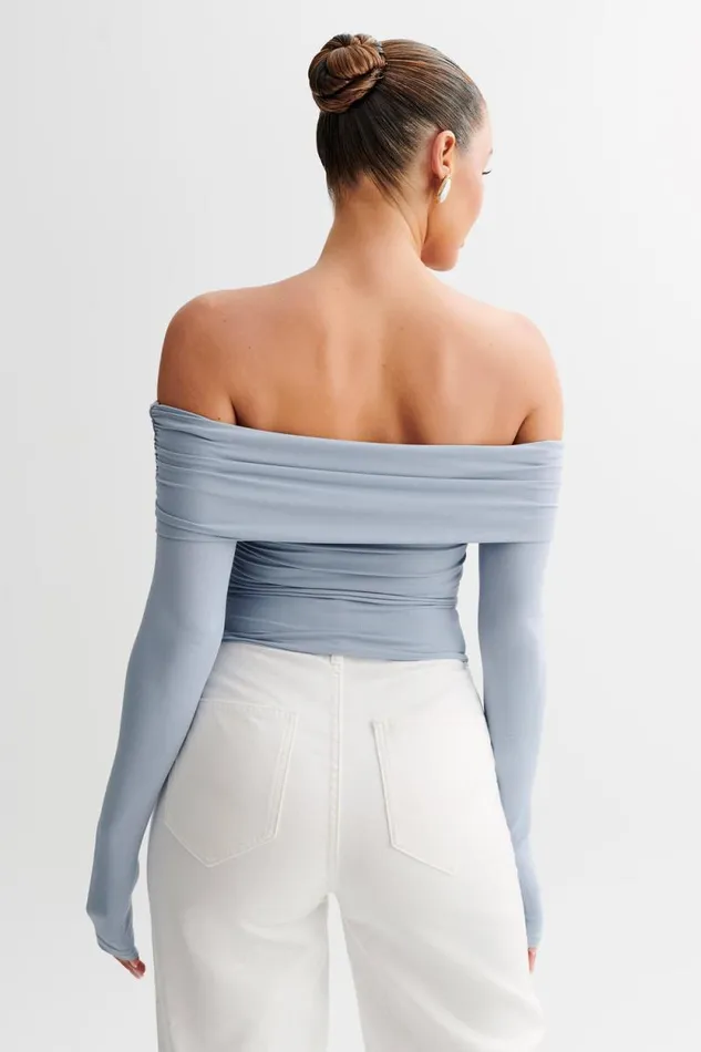 Women Meshki Tops Lucinda Recycled Nylon Off Shoulder Top 8211 Dusty Blue