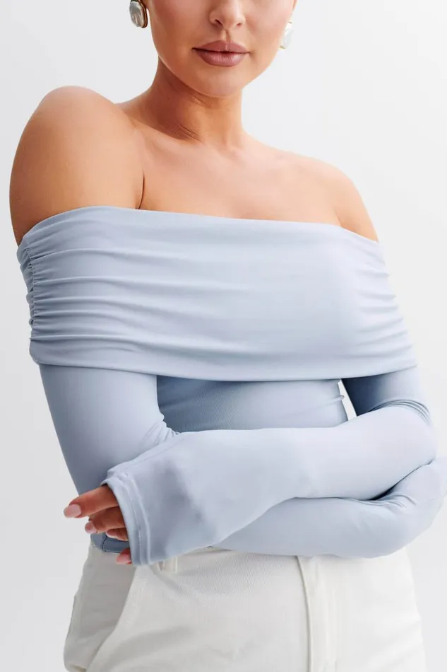 Women Meshki Tops Lucinda Recycled Nylon Off Shoulder Top 8211 Dusty Blue