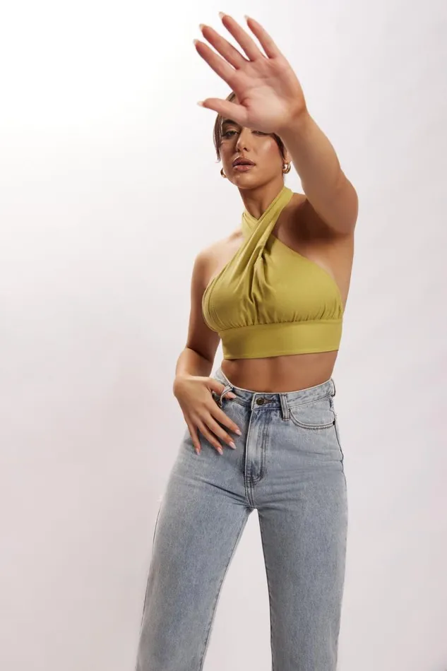 Women Meshki Tops Piper Halter Neck Linen Crop Top 8211 Apple