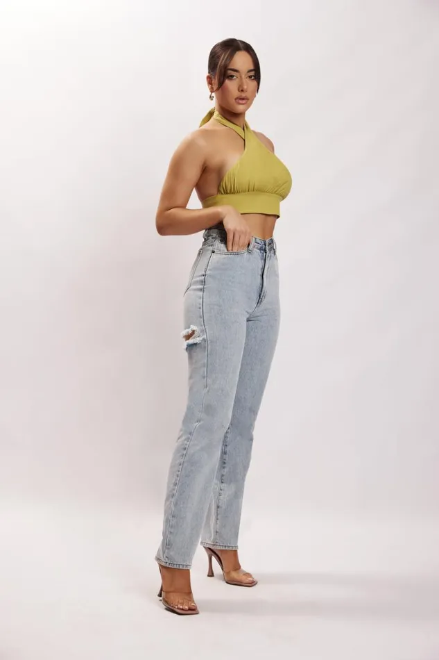 Women Meshki Tops Piper Halter Neck Linen Crop Top 8211 Apple