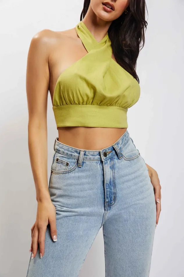 Women Meshki Tops Piper Halter Neck Linen Crop Top 8211 Apple