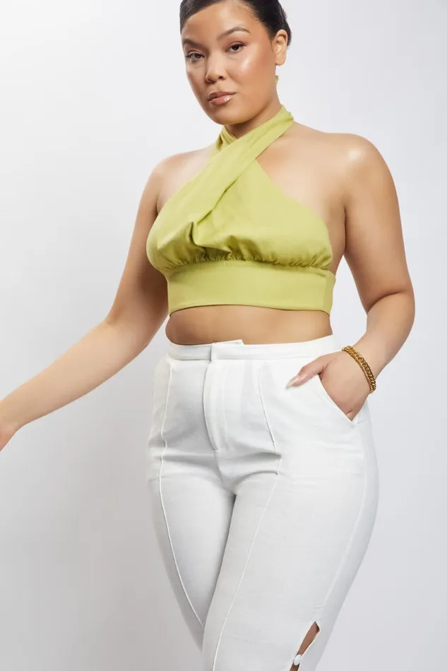 Women Meshki Tops Piper Halter Neck Linen Crop Top 8211 Apple