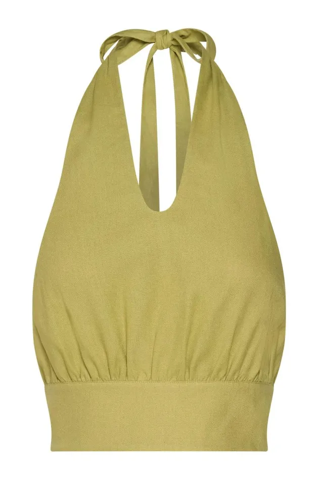 Women Meshki Tops Piper Halter Neck Linen Crop Top 8211 Apple