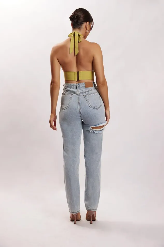 Women Meshki Tops Piper Halter Neck Linen Crop Top 8211 Apple