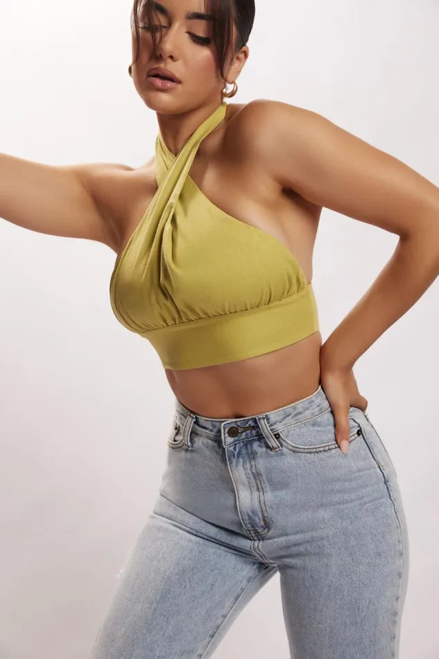Women Meshki Tops Piper Halter Neck Linen Crop Top 8211 Apple