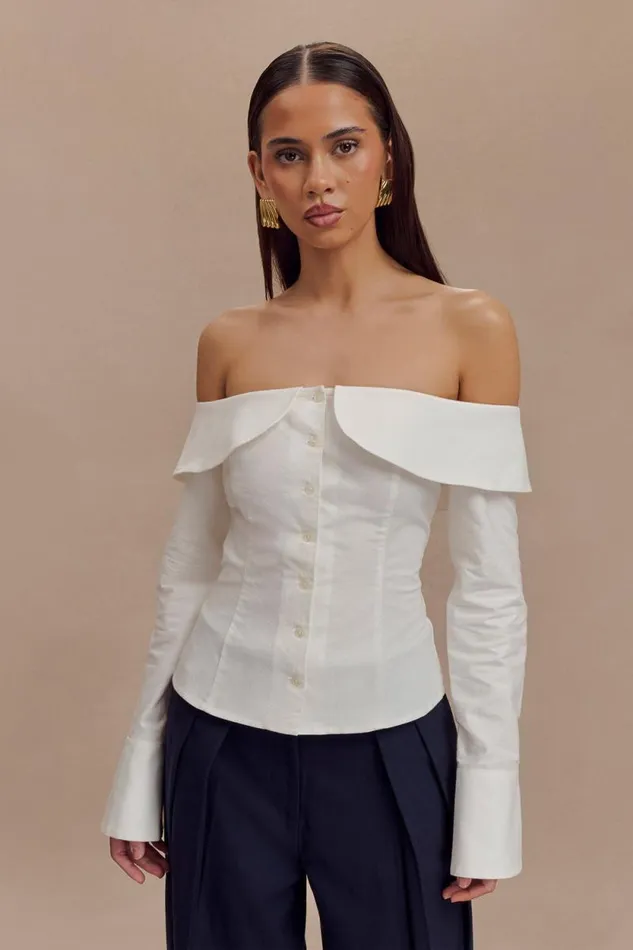 Women Meshki Tops Spencer Off Shoulder Shirting Top 8211 White