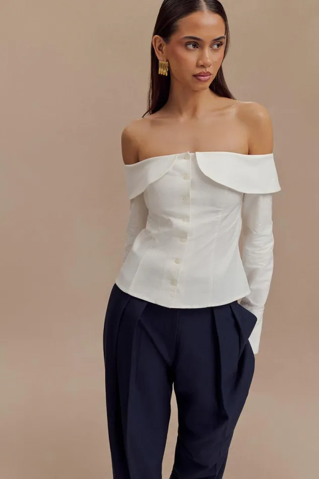 Women Meshki Tops Spencer Off Shoulder Shirting Top 8211 White