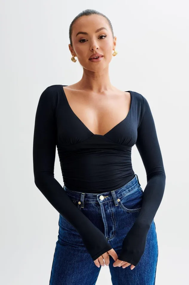 Women Meshki Tops Sutton Ruched Long Sleeve Top 8211 Black