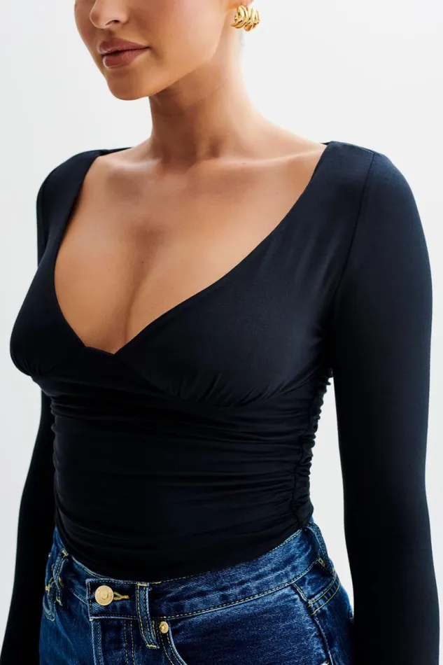 Women Meshki Tops Sutton Ruched Long Sleeve Top 8211 Black