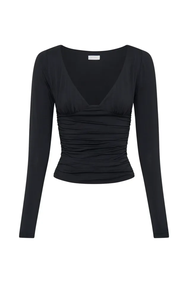 Women Meshki Tops Sutton Ruched Long Sleeve Top 8211 Black