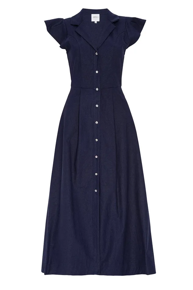 Women MISA Los Angeles Dresses ALMAZ DRESS Navy Linen