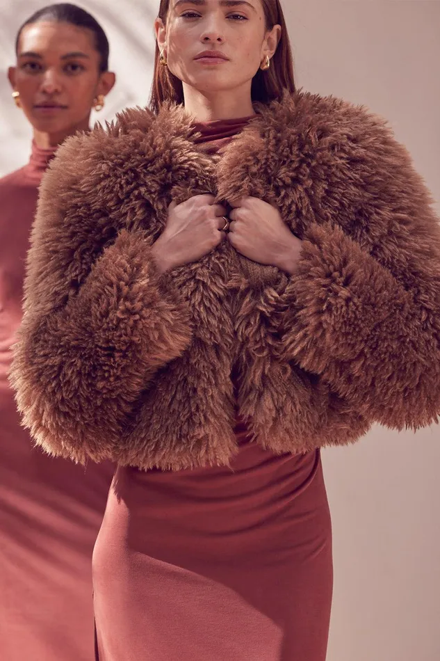 Women MISA Los Angeles Jackets JORDYN FAUX FUR JACKET Latte Faux Fur