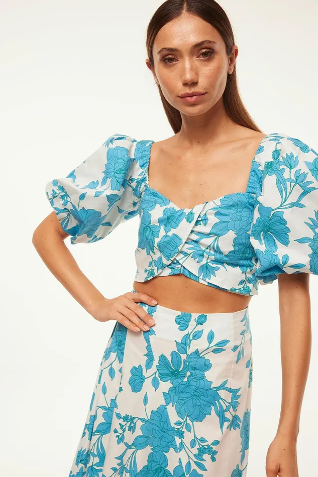 Women MISA Los Angeles Matching Sets RORI TOP Turquoise Flora Poplin