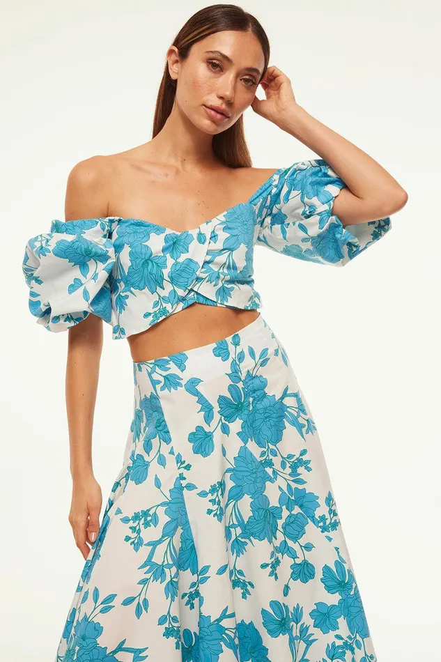 Women MISA Los Angeles Matching Sets RORI TOP Turquoise Flora Poplin