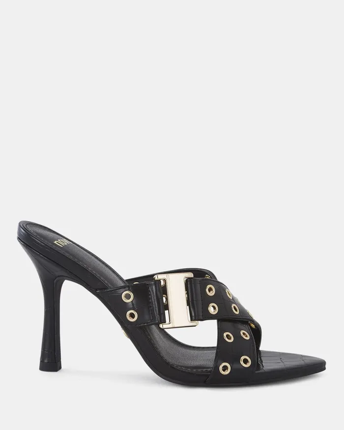 Women NOVO Shoes NOLA Black Croc Mules Stilettos