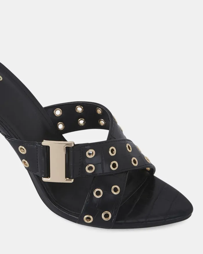 Women NOVO Shoes NOLA Black Croc Mules Stilettos