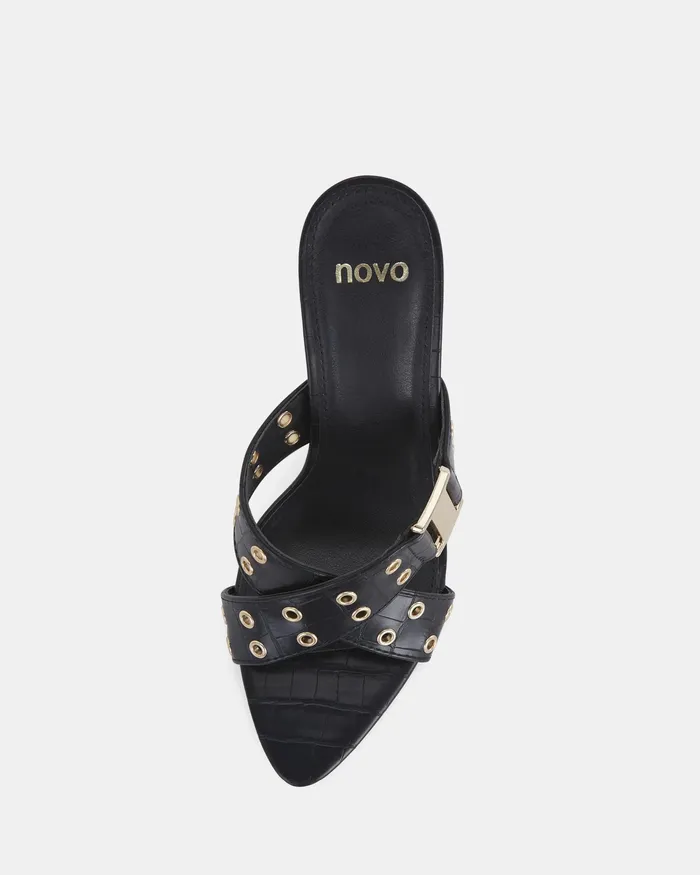 Women NOVO Shoes NOLA Black Croc Mules Stilettos