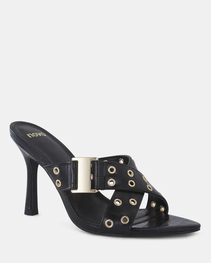 Women NOVO Shoes NOLA Black Croc Mules Stilettos