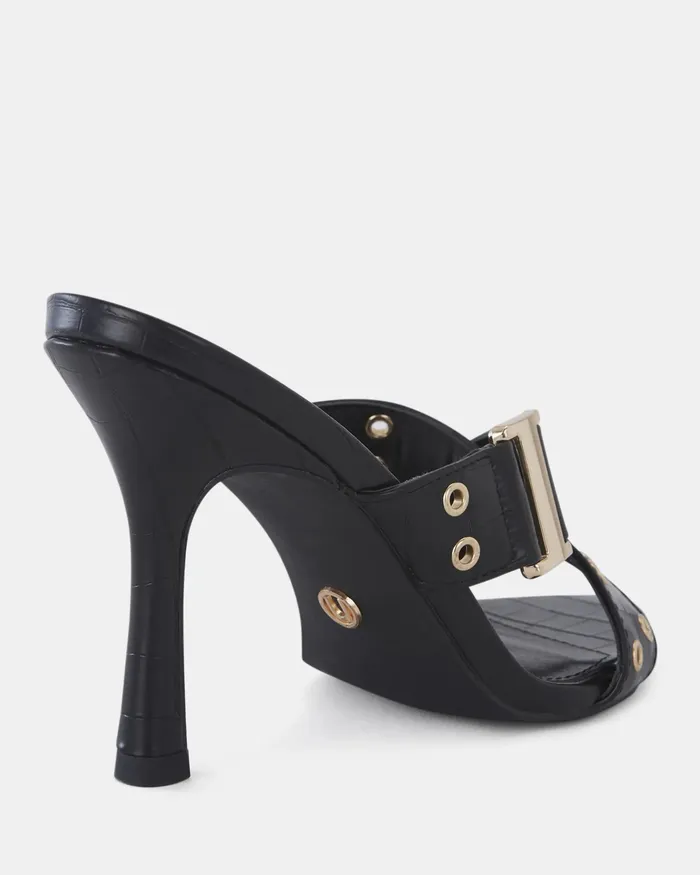 Women NOVO Shoes NOLA Black Croc Mules Stilettos