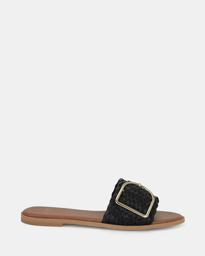 Women RENE BLACK PLAIT Flat Sandals NOVO Shoes