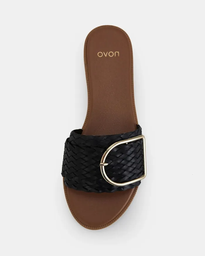 Women RENE BLACK PLAIT Flat Sandals NOVO Shoes