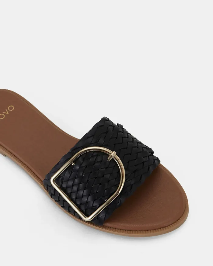 Women RENE BLACK PLAIT Flat Sandals NOVO Shoes