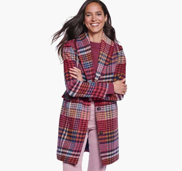 Women ShawlCollar Plaid Coat Berrynavy JohnstonandMurphy Coats Jackets and Vests Women ShawlCollar Plaid Coat Berrynavy JohnstonandMurphy Coats Jackets and Vests