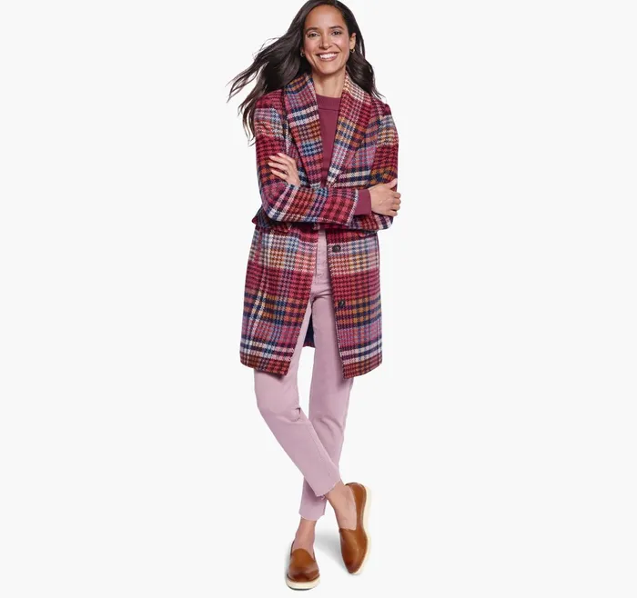 Women ShawlCollar Plaid Coat Berrynavy JohnstonandMurphy Coats Jackets and Vests Women ShawlCollar Plaid Coat Berrynavy JohnstonandMurphy Coats Jackets and Vests