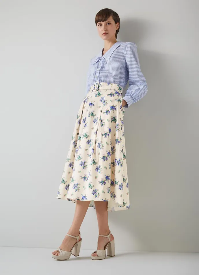 Women Skirts LKBennett Elodie Bouquet Print Organic Cotton Skirt Cream